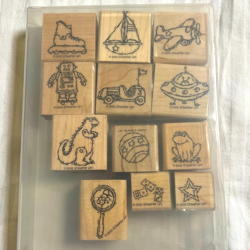 🆕 *RARE* Stampin' Up! Toy Box Child Wooden Block Stamp Set Alien Ball Dinosaur